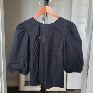 H&M Black Puffed Sleeve Blouse Cotton Eyelet Tie Back Summer Top Large